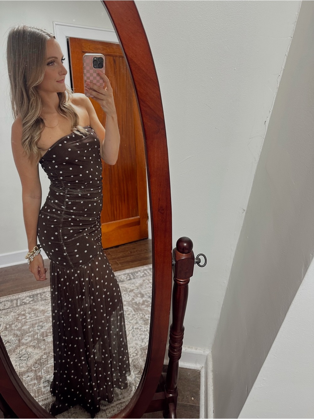 Strapless Brown Polka Dot Evening Dress